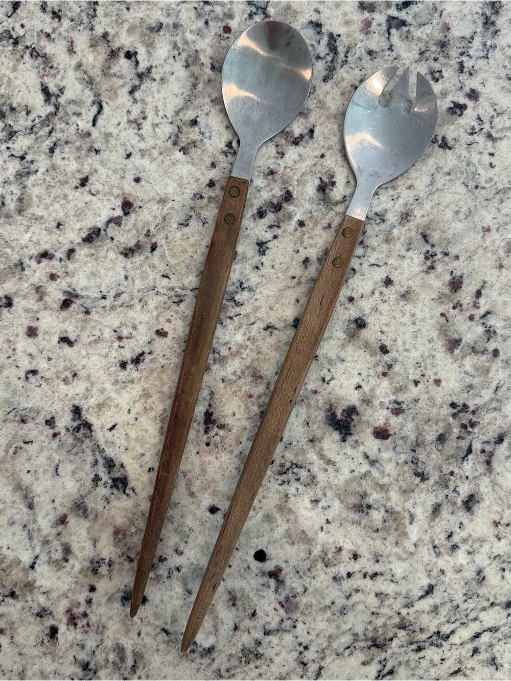 Vintage MCM Stainless Steel and Wood Salad Serving Utensils